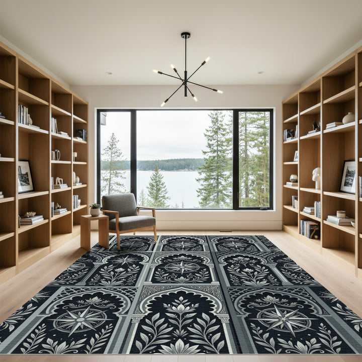Arabesque Compass Ornamental Black Rug