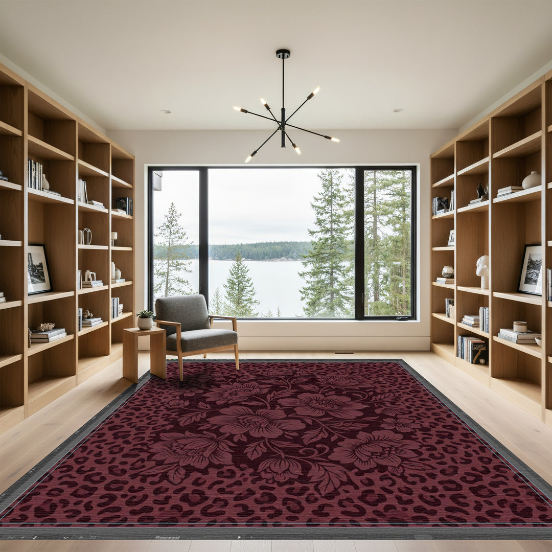 Deep Burgundy Floral Leopard Rug