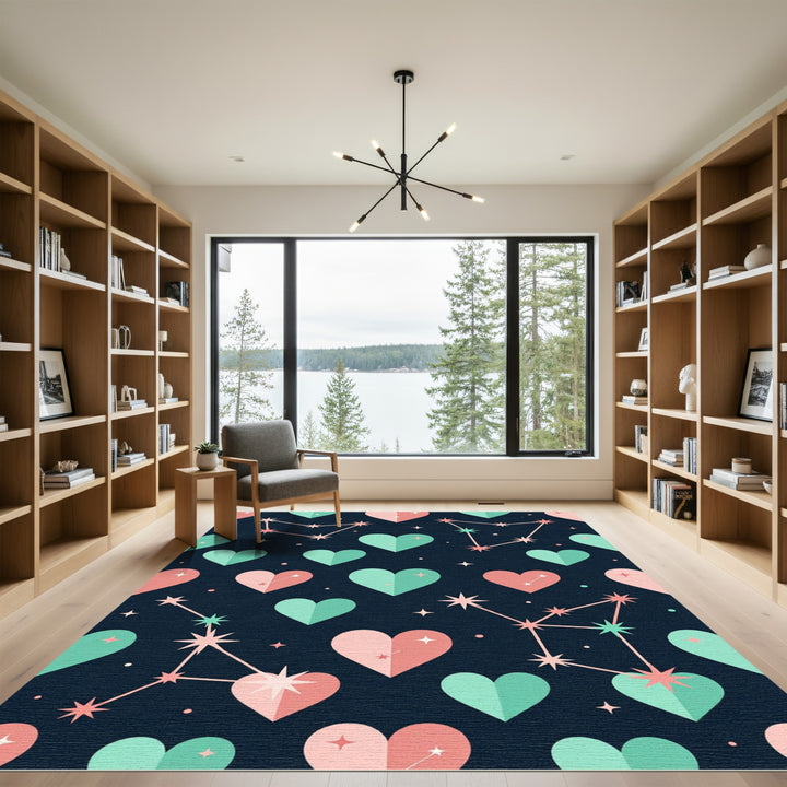 Cosmic Hearts Constellations Teal Coral Rug