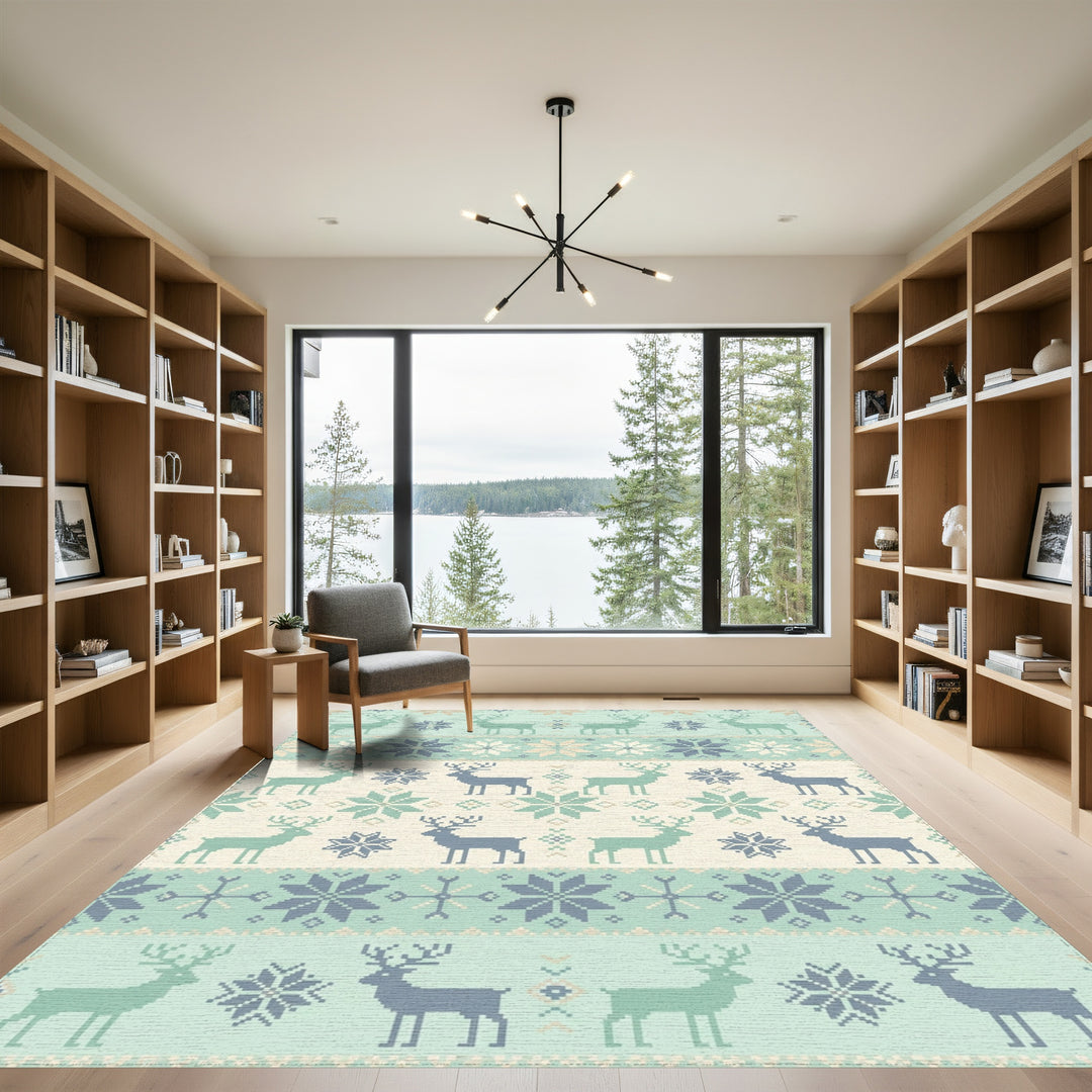 Pale Teal Reindeer Snowflake Nordic Blanket Rug