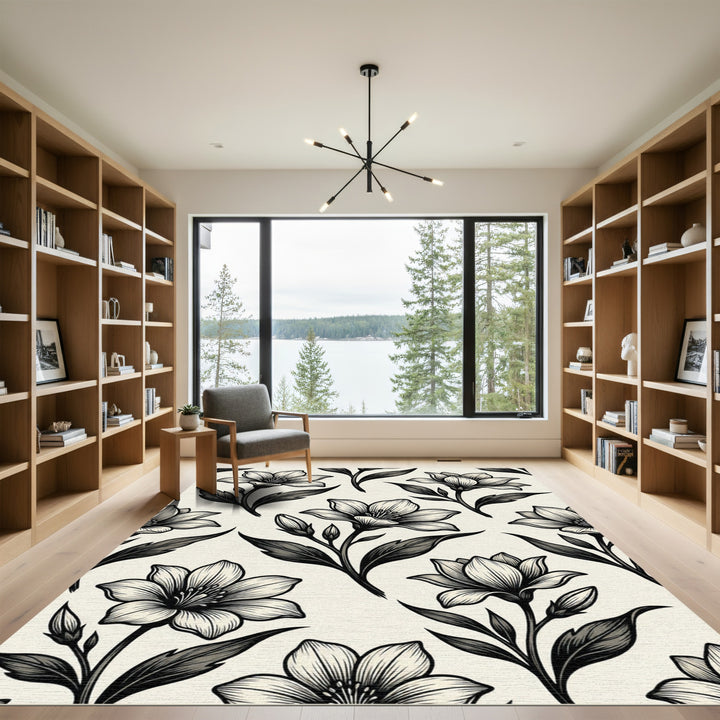 Classic Black White Lily Floral Rug