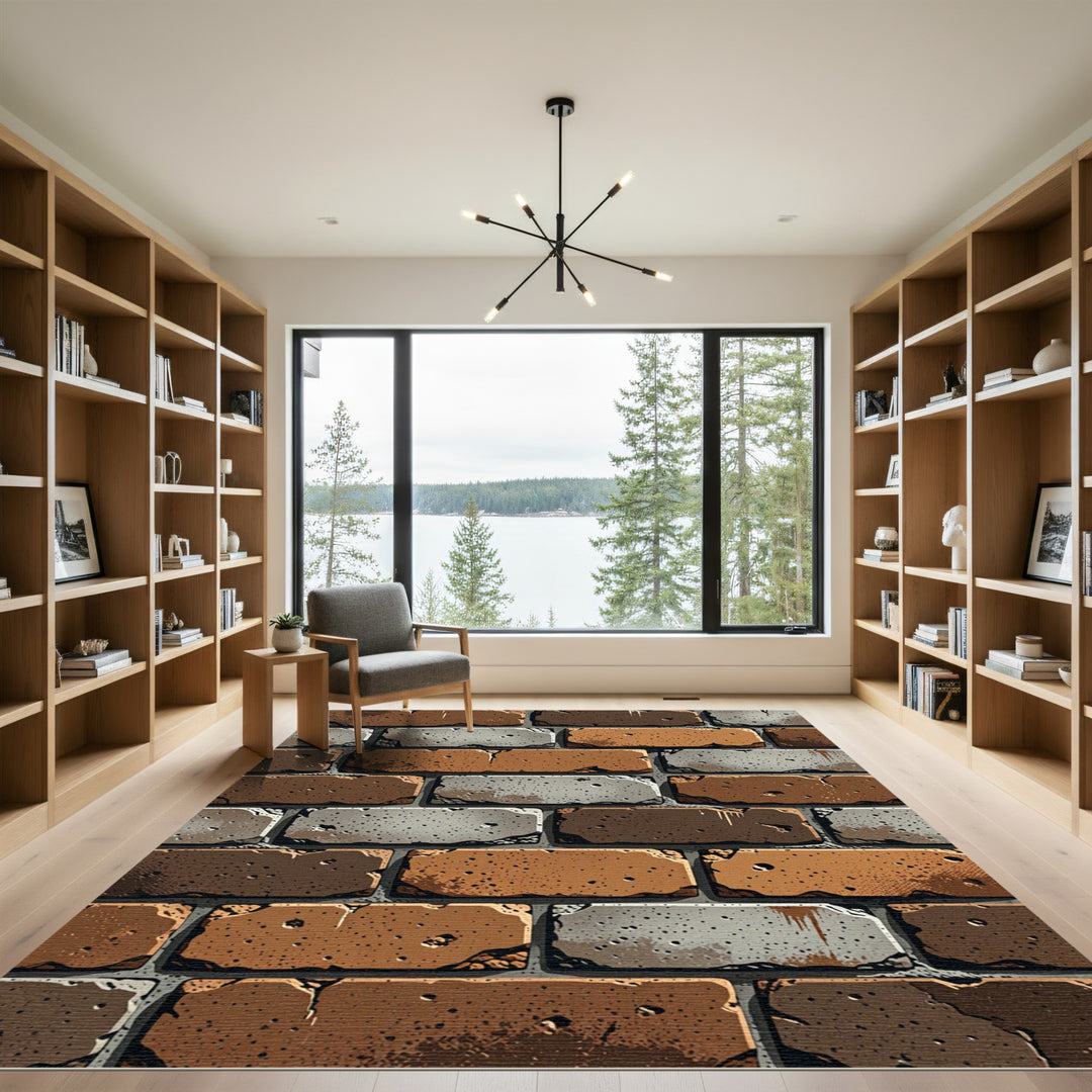Rustic Brown Gray Brick Wall Rug
