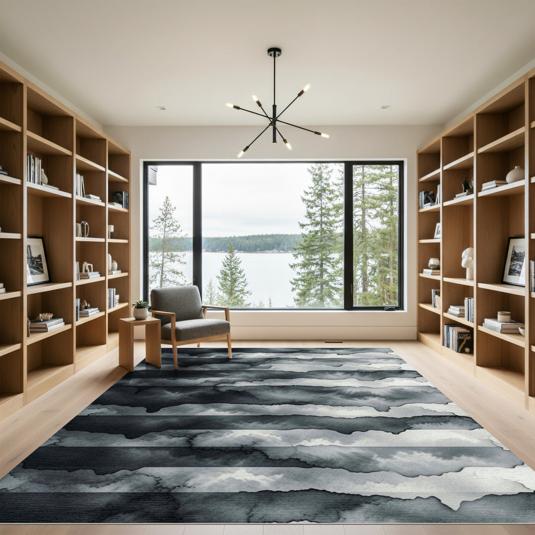 Abstract Black Gray Watercolor Stripe Rug