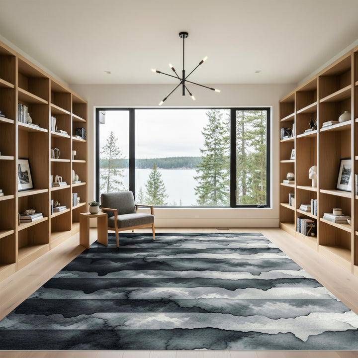 Abstract Black Gray Watercolor Stripe Rug