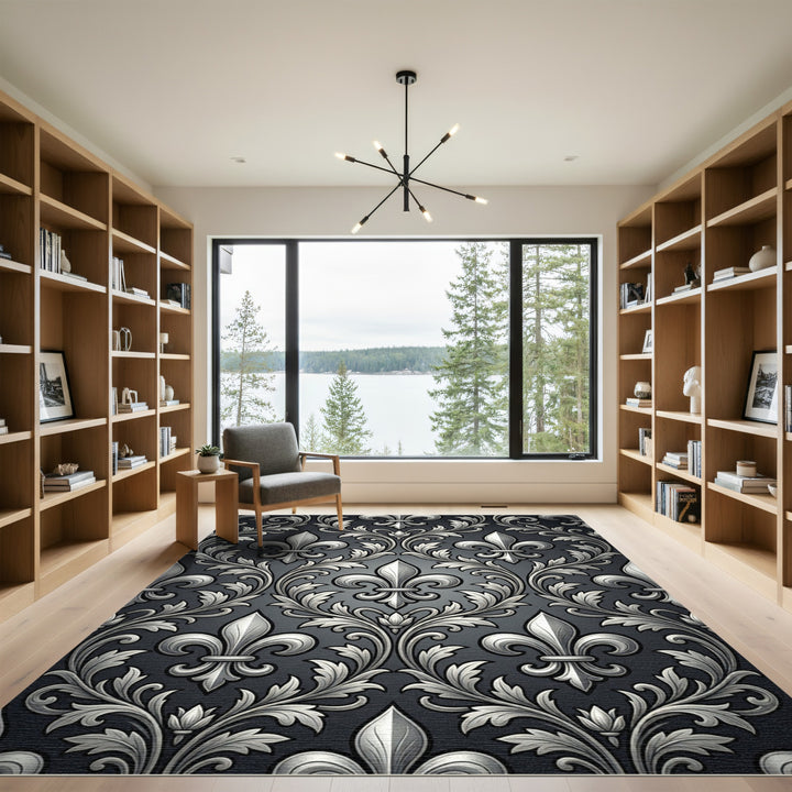 Ornate Silver Fleur-de-lis Damask Rug