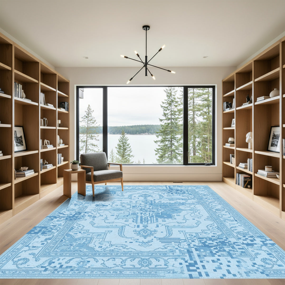 Sky Blue Glitch Medallion Rug