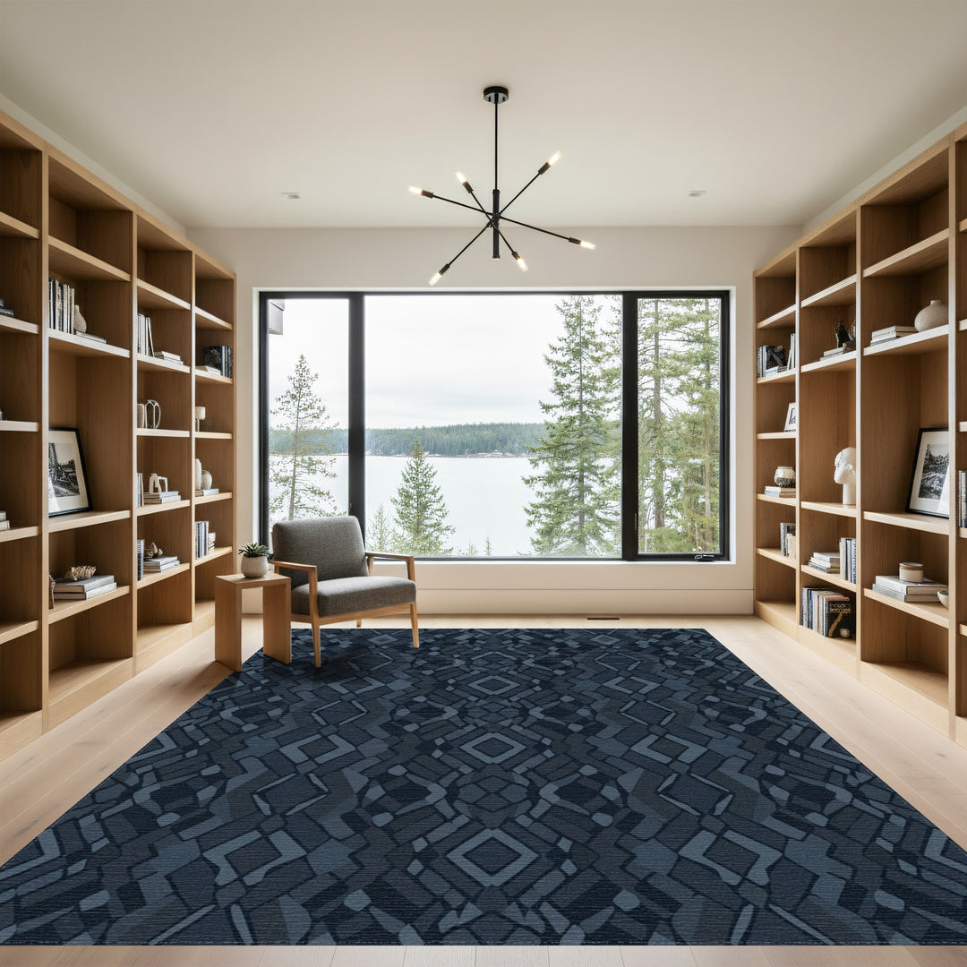 Deep Blue Geometric Diamond Mosaic Rug