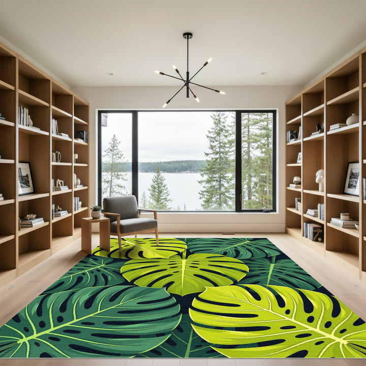 Lush Green Tropical Monstera Leaves Rug