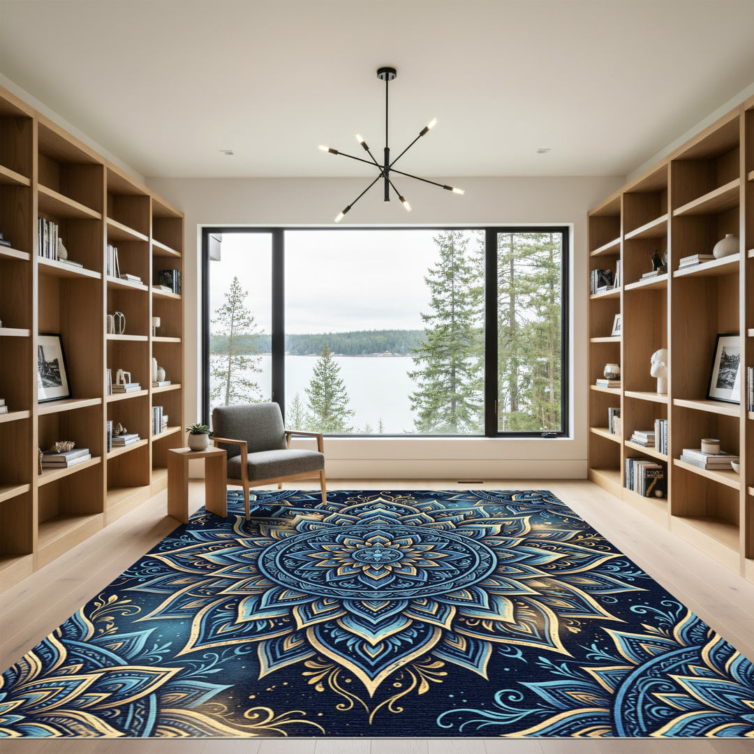 Exotic Blue Golden Mandala Radiance Rug