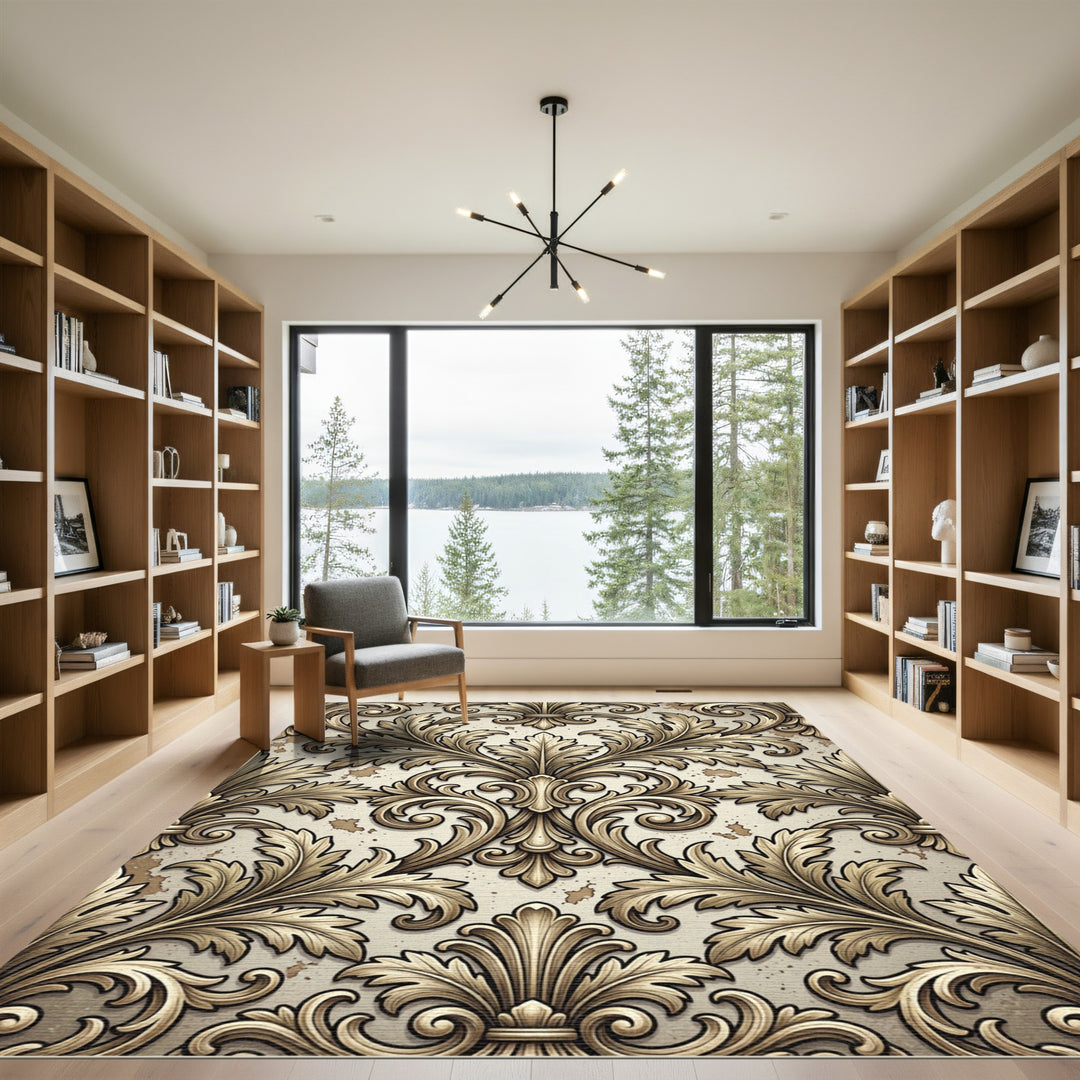 Antique Gold Acanthus Leaf Damask Rug