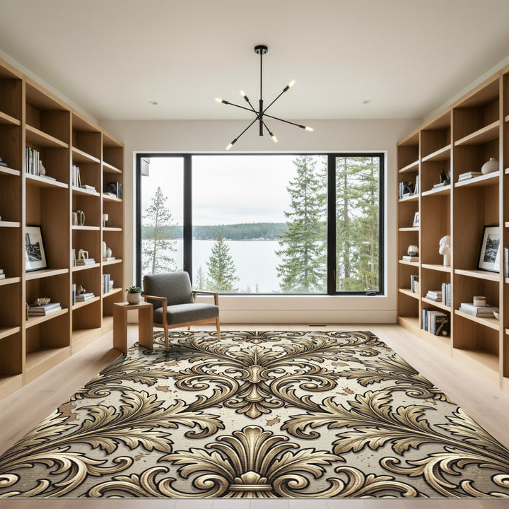 Antique Gold Acanthus Leaf Damask Rug