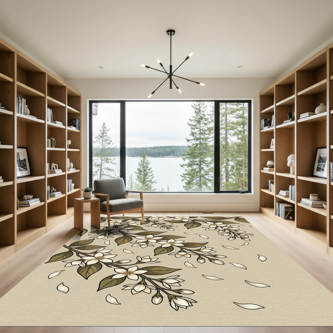 Cream Floral Branches Falling Petals Rug