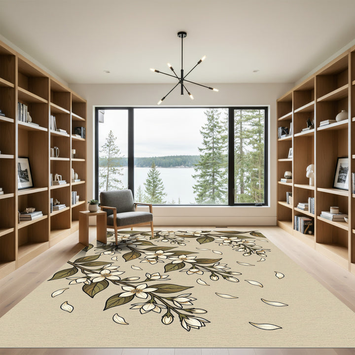 Cream Floral Branches Falling Petals Rug