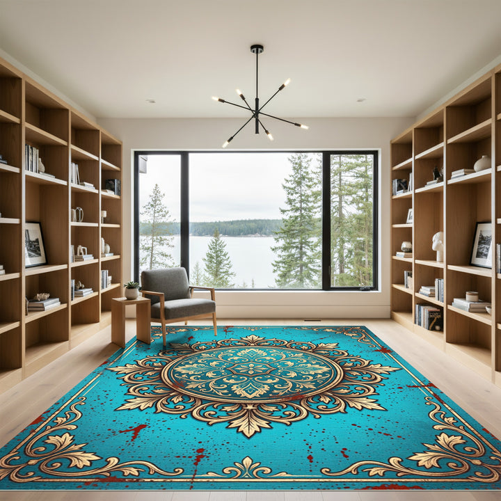 Ornate Teal Gold Acanthus Medallion Rug