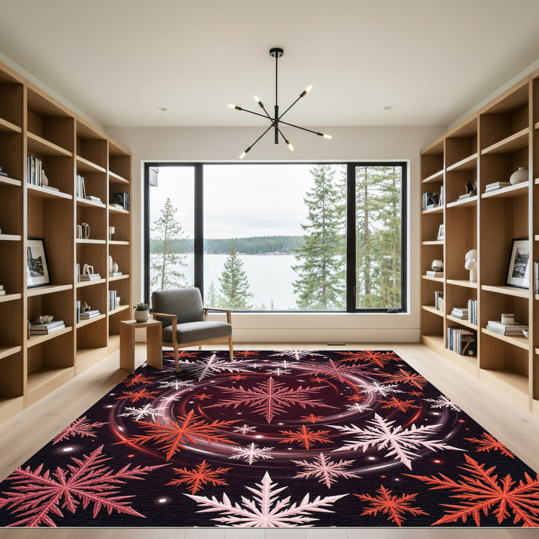 Crimson White Snowflake Swirl Abstraction Rug