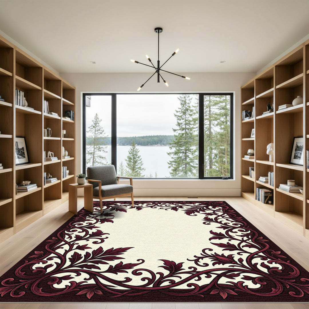 Ornate Burgundy Vine Border Rug