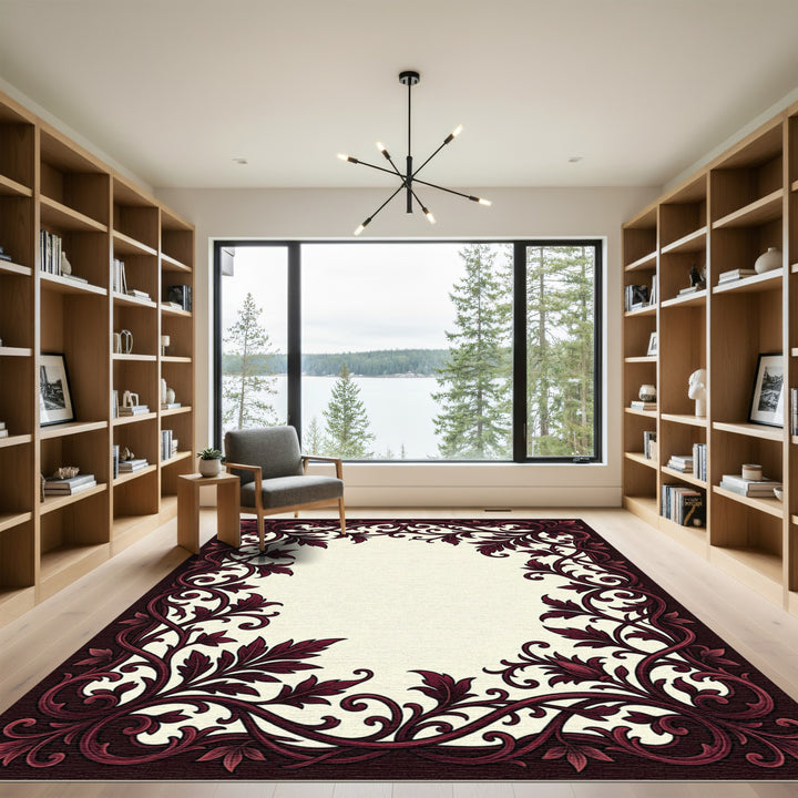 Ornate Burgundy Vine Border Rug
