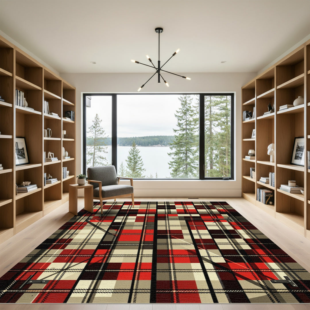 Crimson Cream Plaid Intersecting Lines Rug