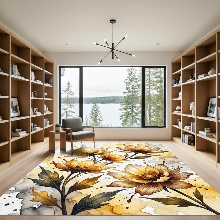 Golden Watercolor Floral Splatter Rug