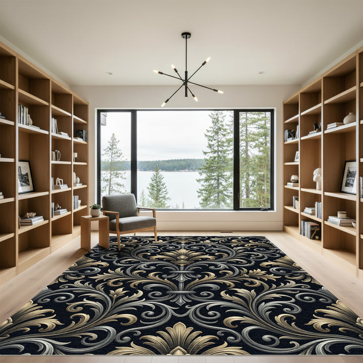 Gold Silver Black Damask Ornate Rug