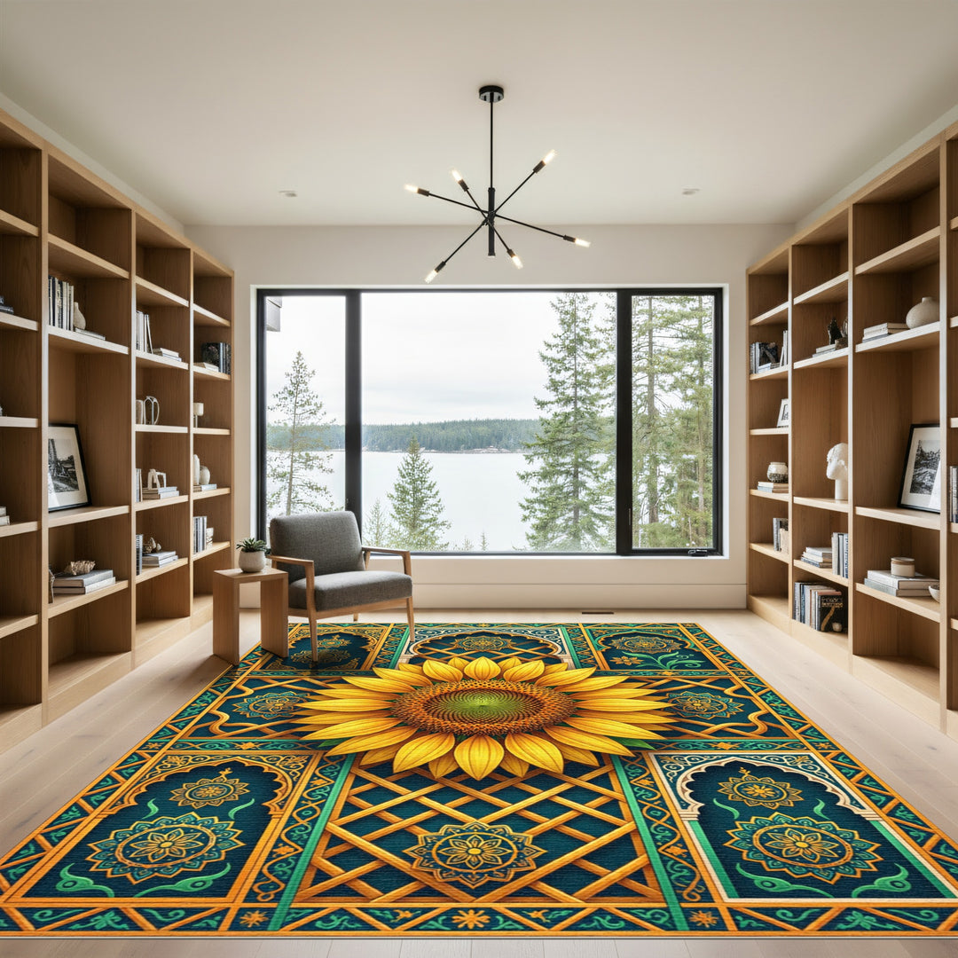 Golden Sunflower Mandalas Teal Rug