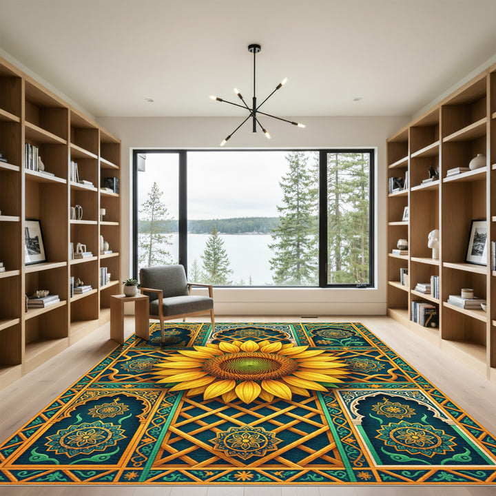 Golden Sunflower Mandalas Teal Rug