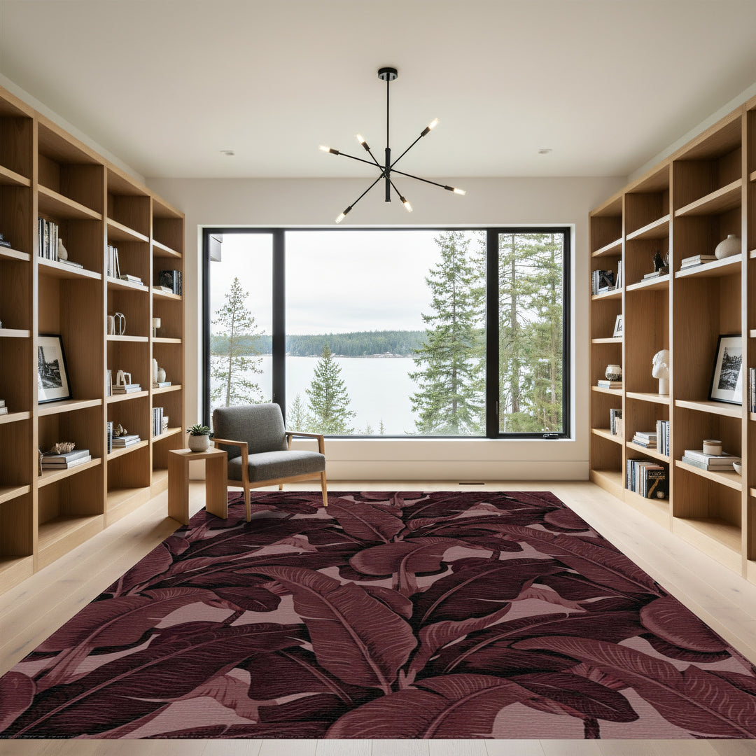 Deep Maroon Tropical Banana Leaf Rug