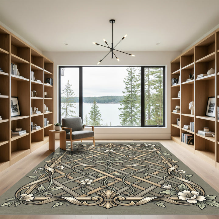 Ornate Beige Floral Trellis Ribbon Rug