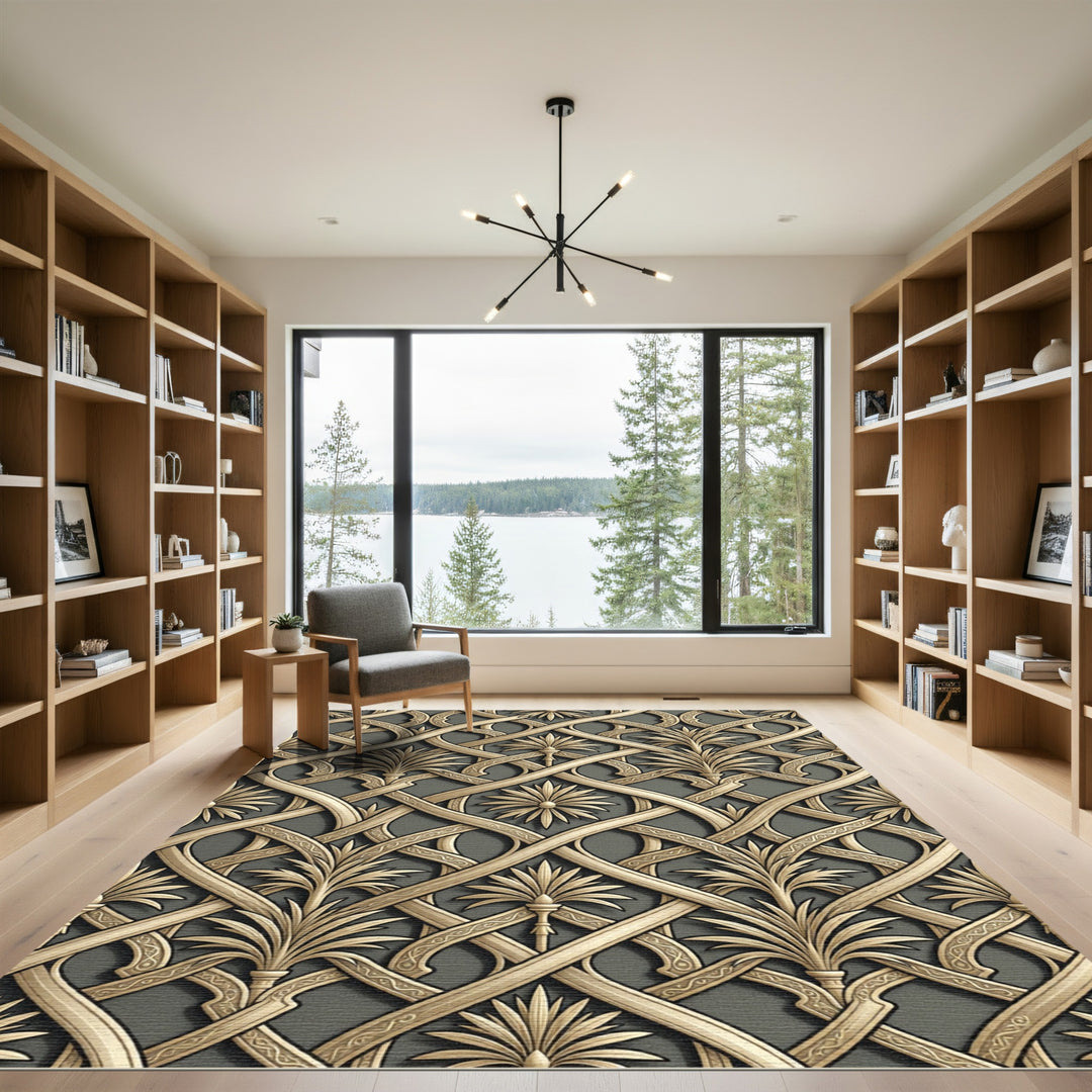 Golden Intertwined Palm Frond Rug