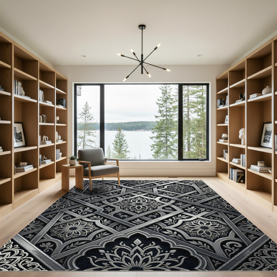 Intricate Silver Arabesque Geometric Rug