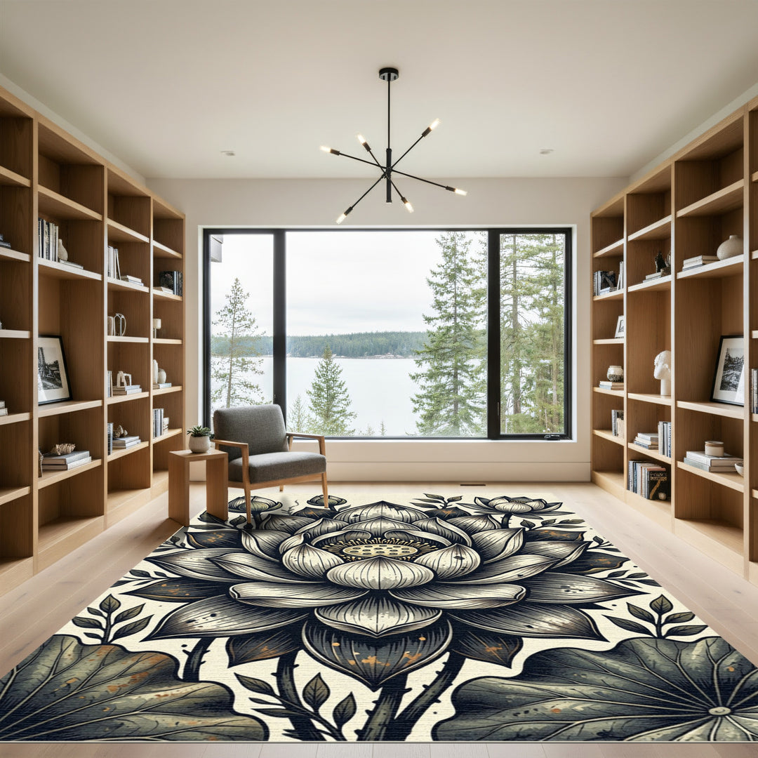 Monochromatic Lotus Flower Botanical Scene Rug