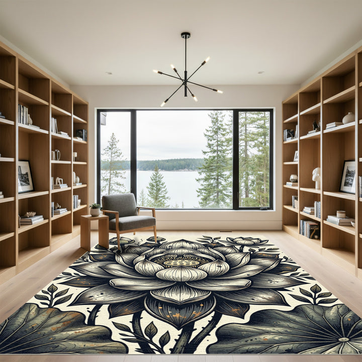 Monochromatic Lotus Flower Botanical Scene Rug