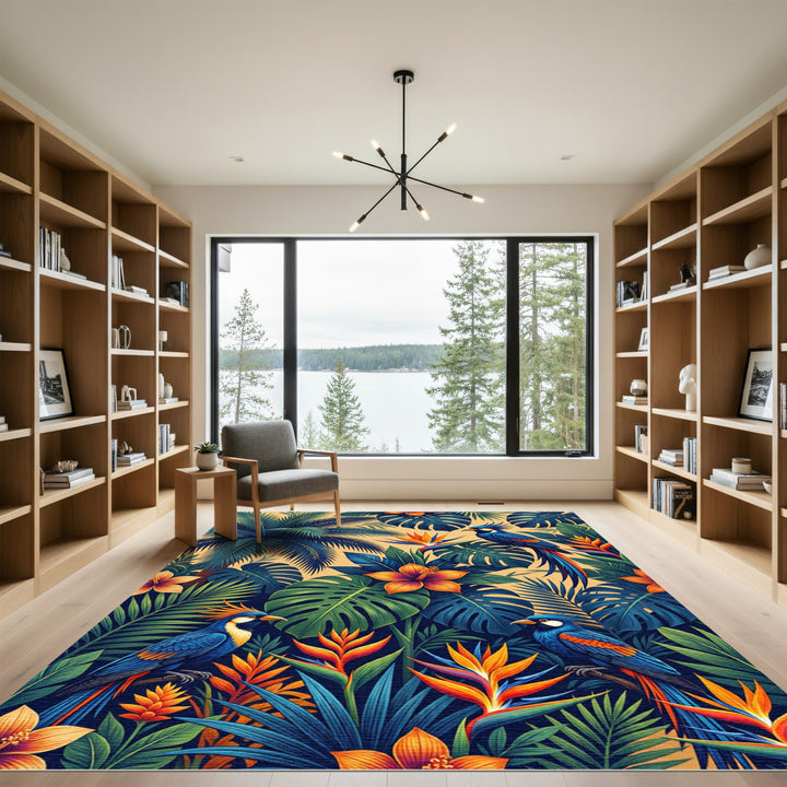 Vivid Blue Parrots Tropical Floral Arrangement Rug