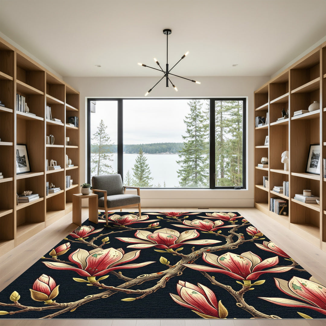 Crimson White Magnolia Blossom Branch Rug