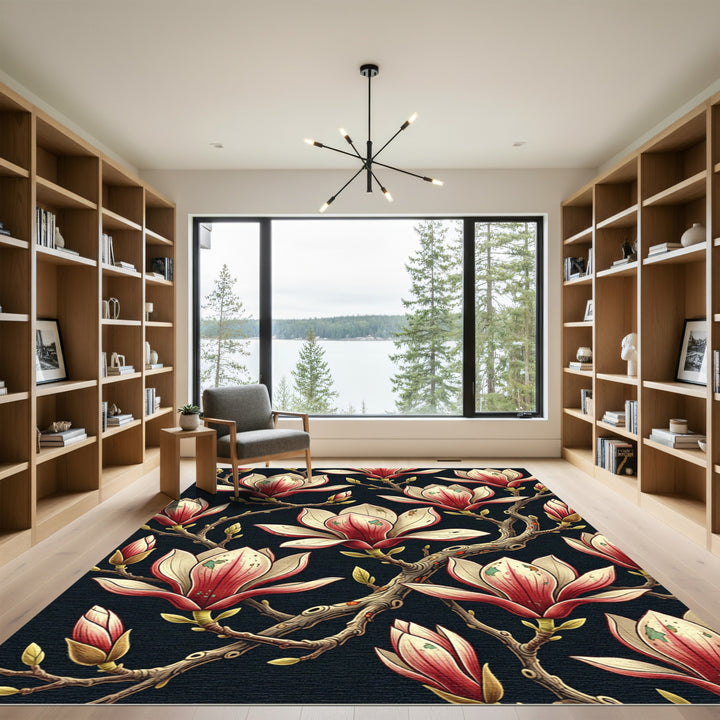 Crimson White Magnolia Blossom Branch Rug