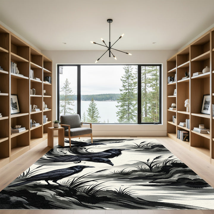 Black Ravens Ink Wash Landscape Rug
