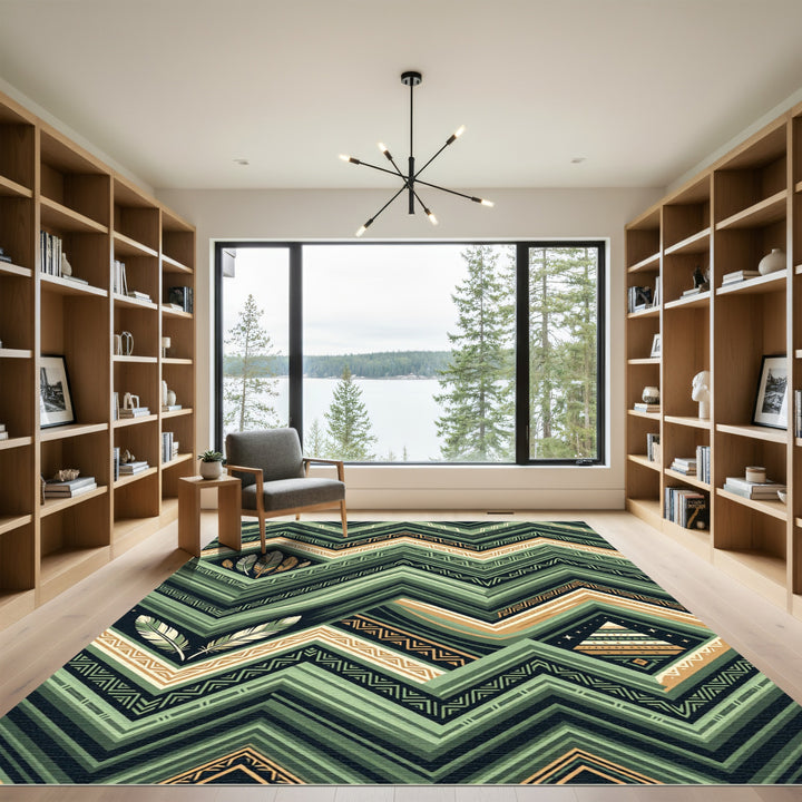Green Earthy Feather Geometric Zigzag Rug