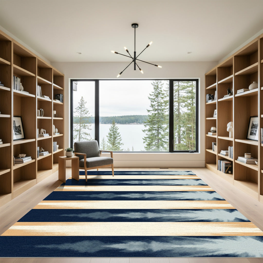 Navy Beige Brush Stroke Stripes Rug