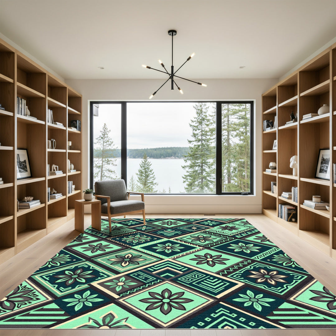 Teal Geometric Floral Diamond Tile Rug