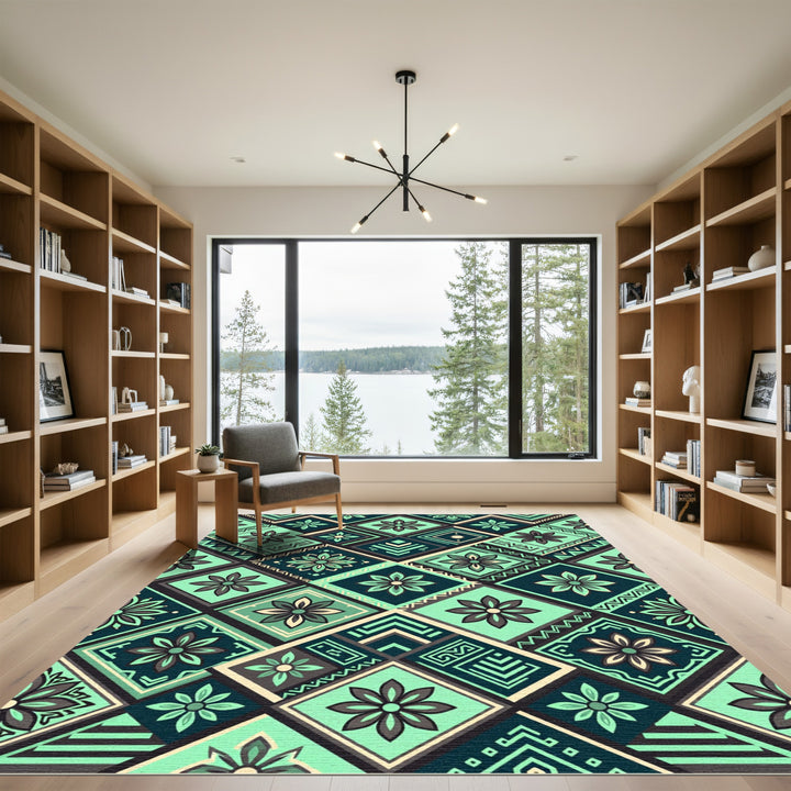 Teal Geometric Floral Diamond Tile Rug