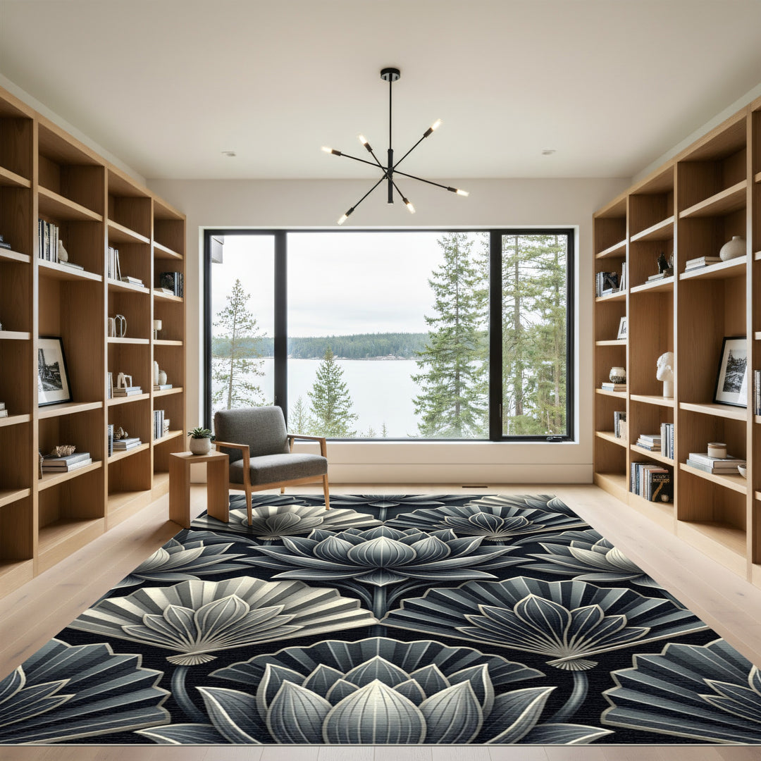 Elegant Black White Lotus Fan Rug