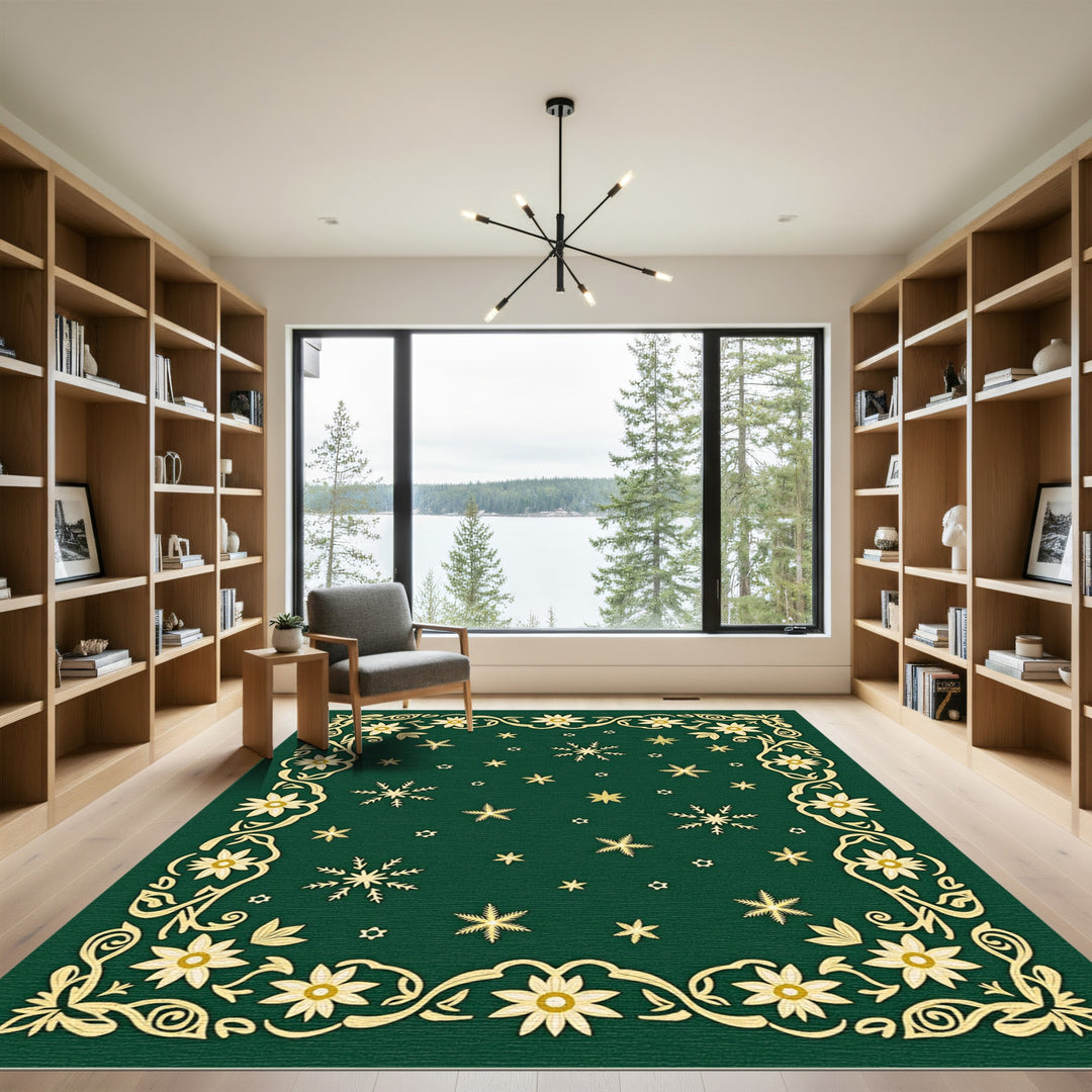 Golden Floral Snowflakes Border Deep Green Rug