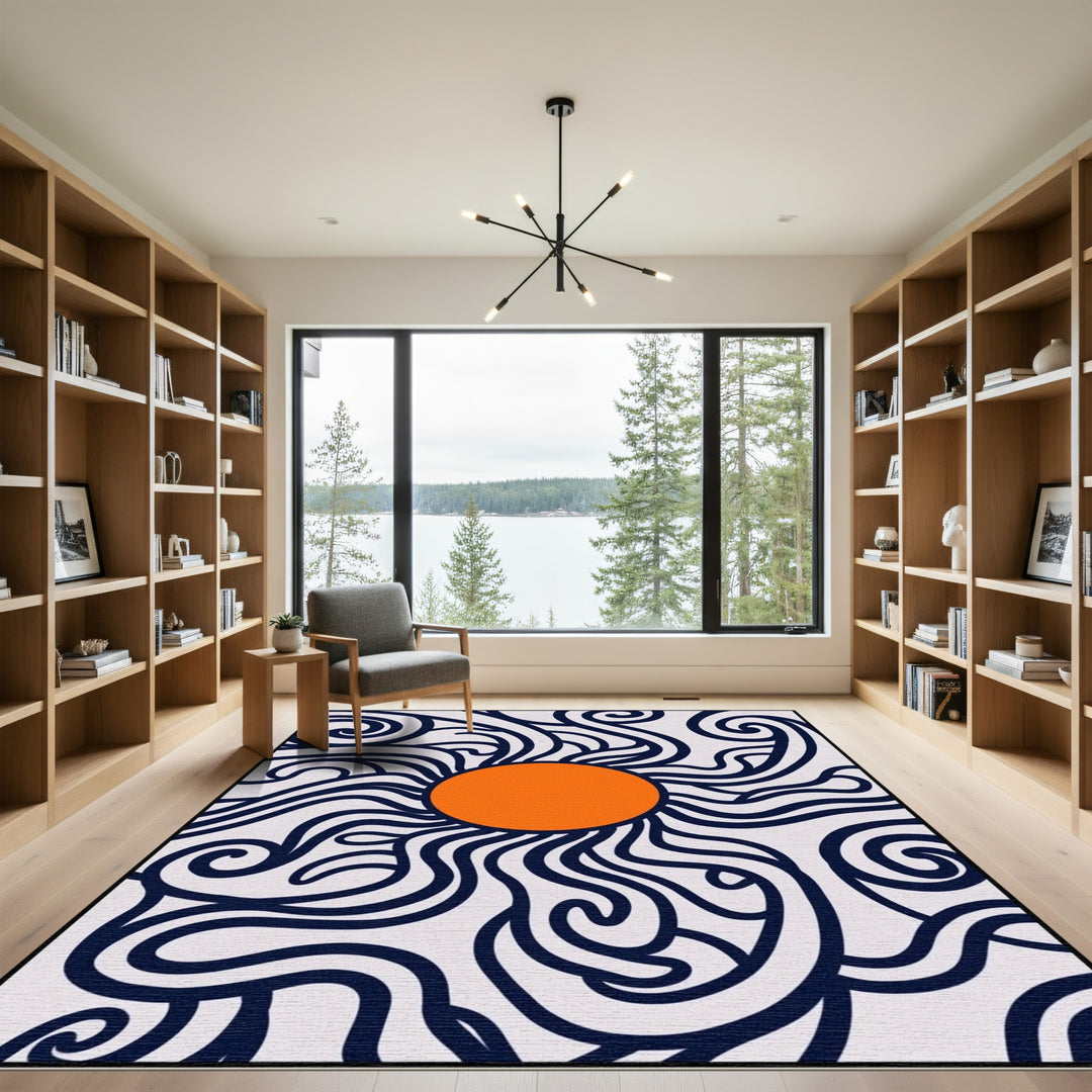Orange Sun Navy Swirls Abstract Art Rug
