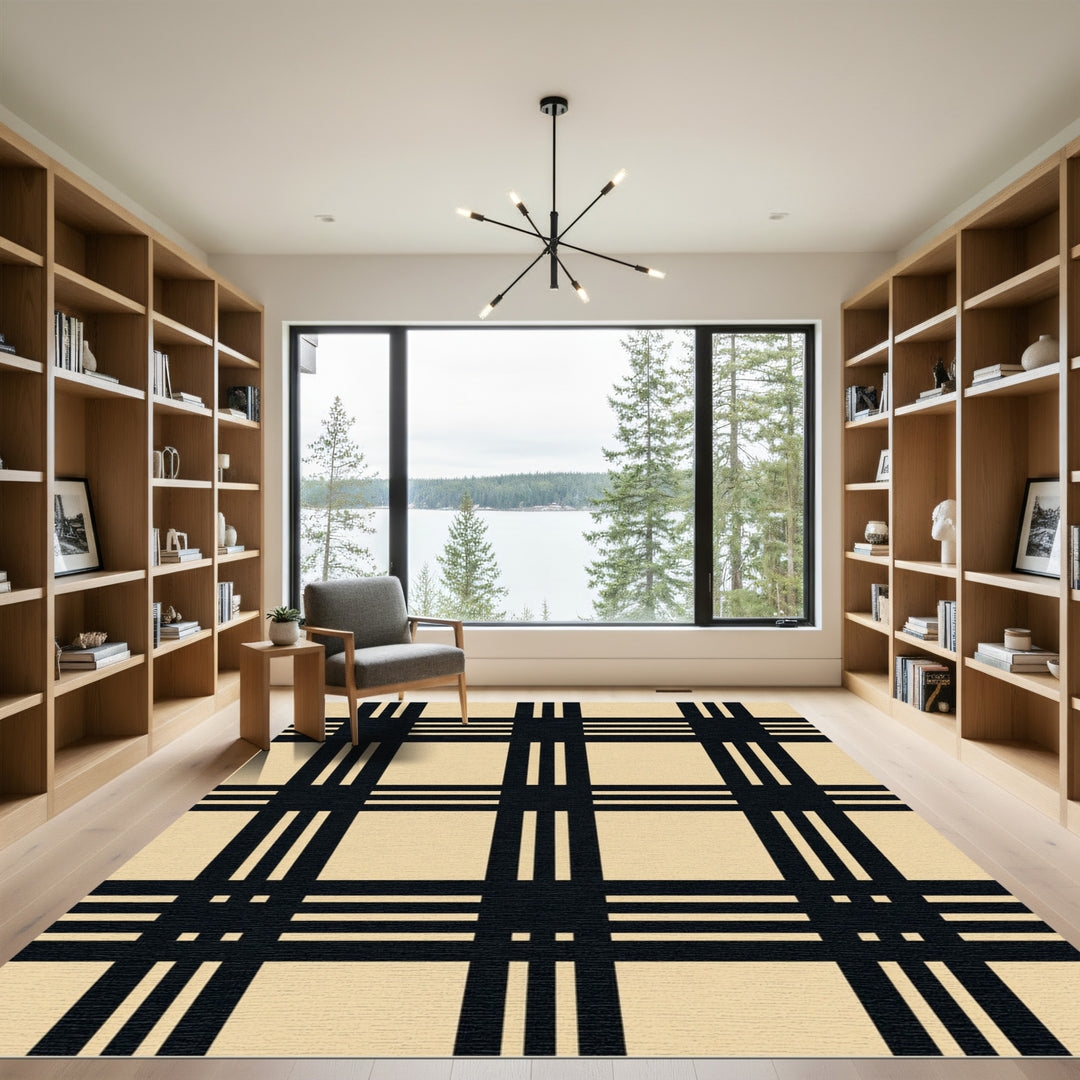 Classic Black Beige Plaid Grid Rug