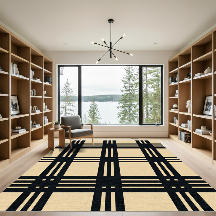 Classic Black Beige Plaid Grid Rug