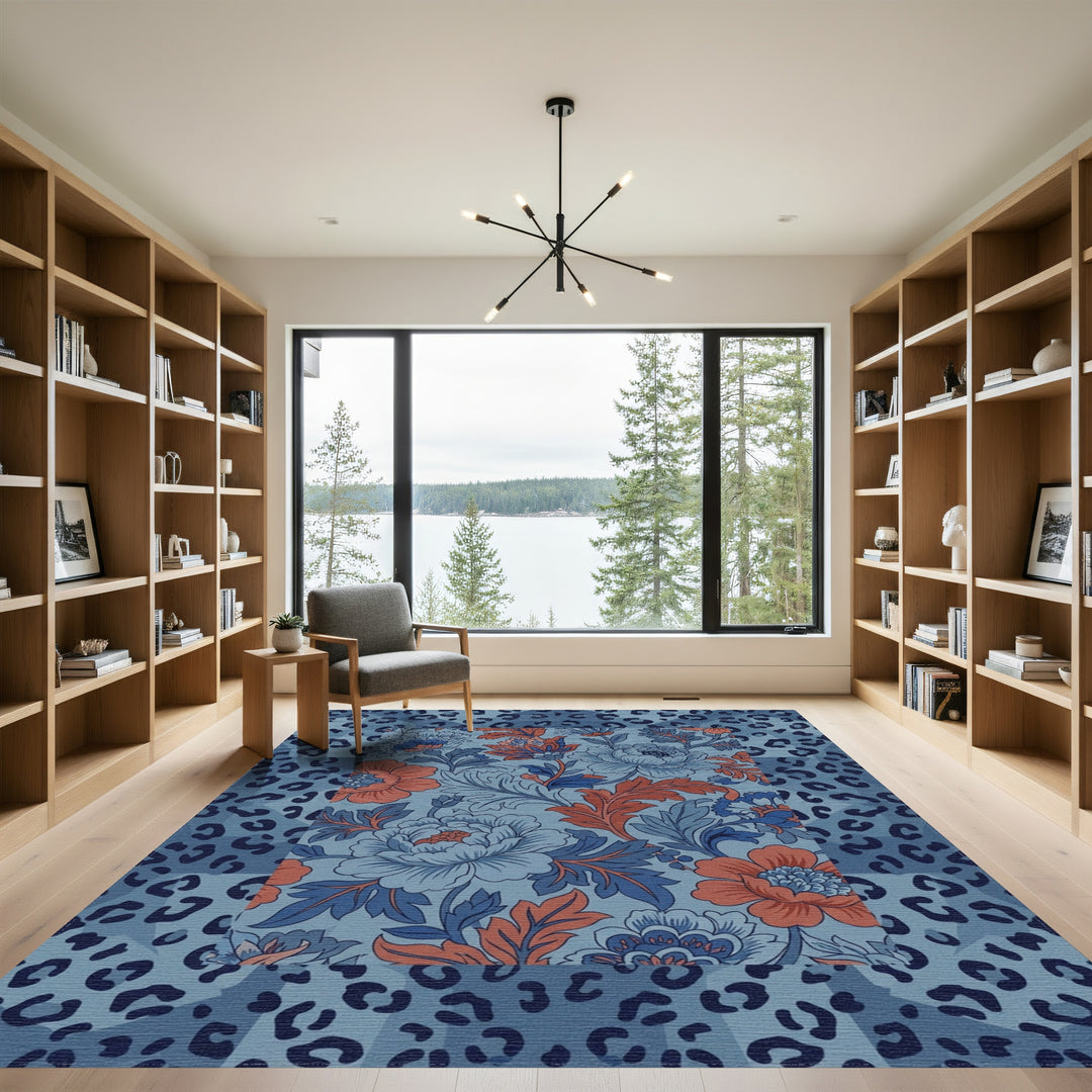 Blue Coral Floral Leopard Patchwork Rug