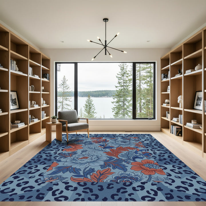 Blue Coral Floral Leopard Patchwork Rug
