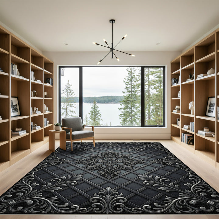 Charcoal Filigree Lattice Scrollwork Rug