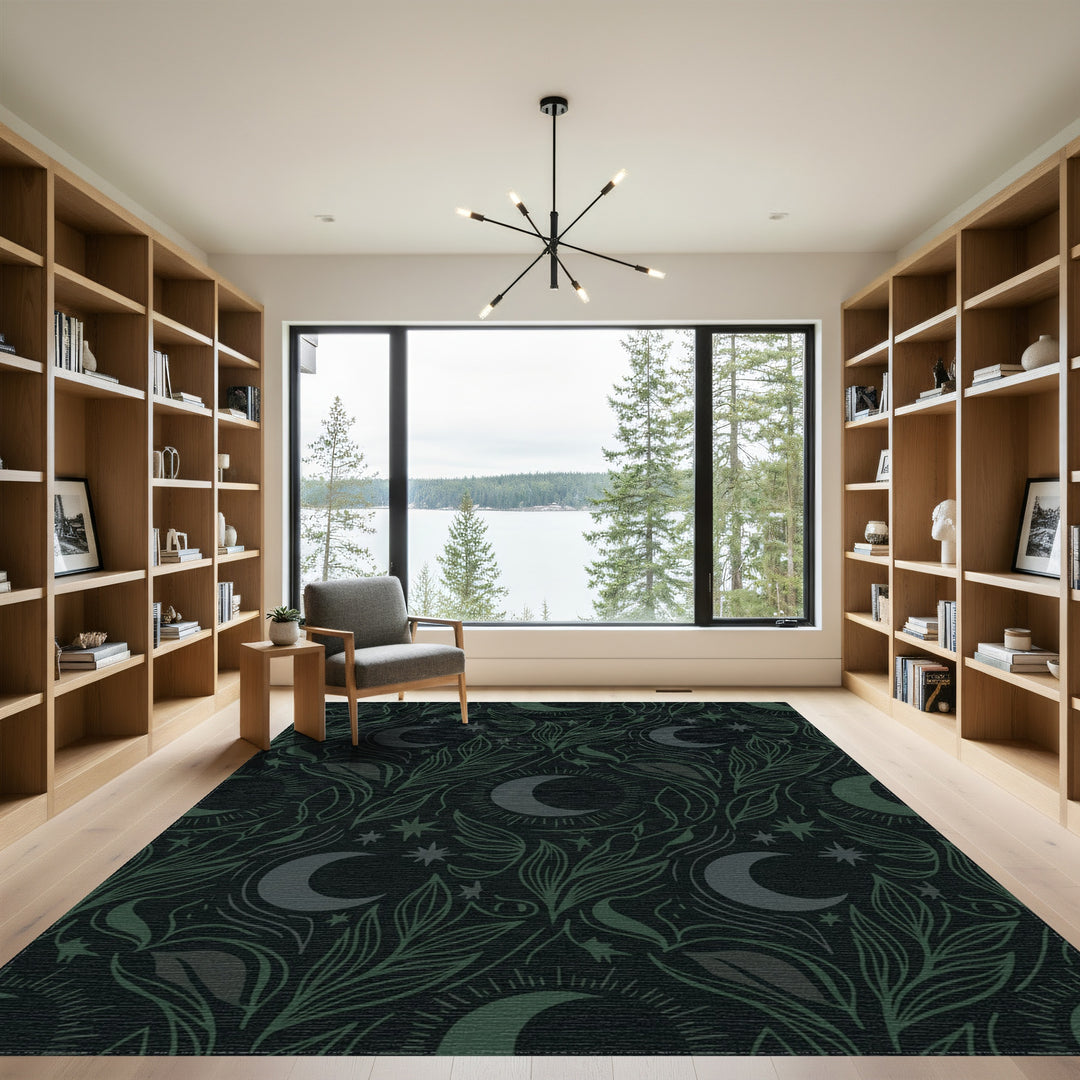 Dark Emerald Celestial Moon Foliage Rug