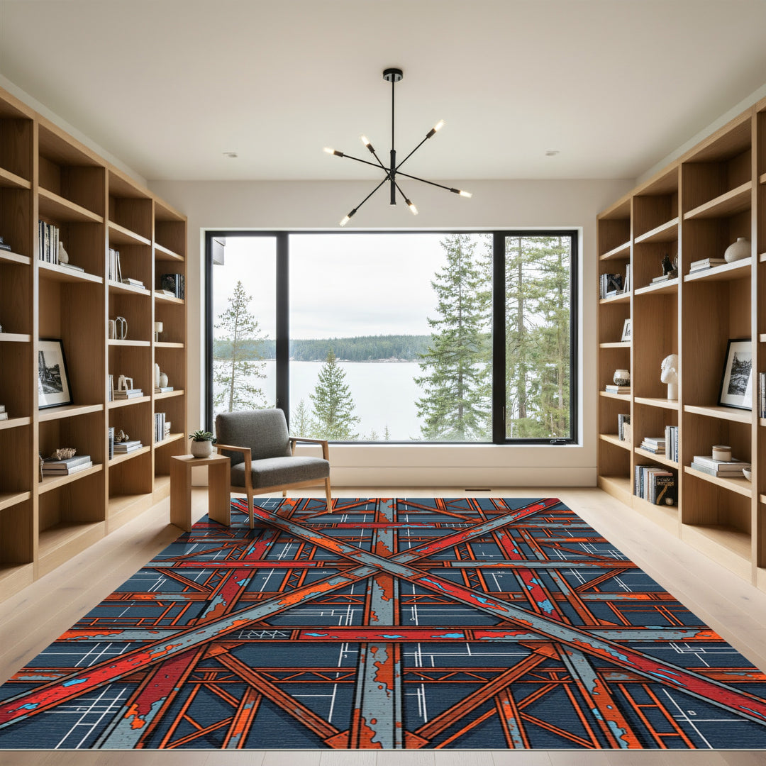 Industrial Red Metal Blueprint Collage Rug